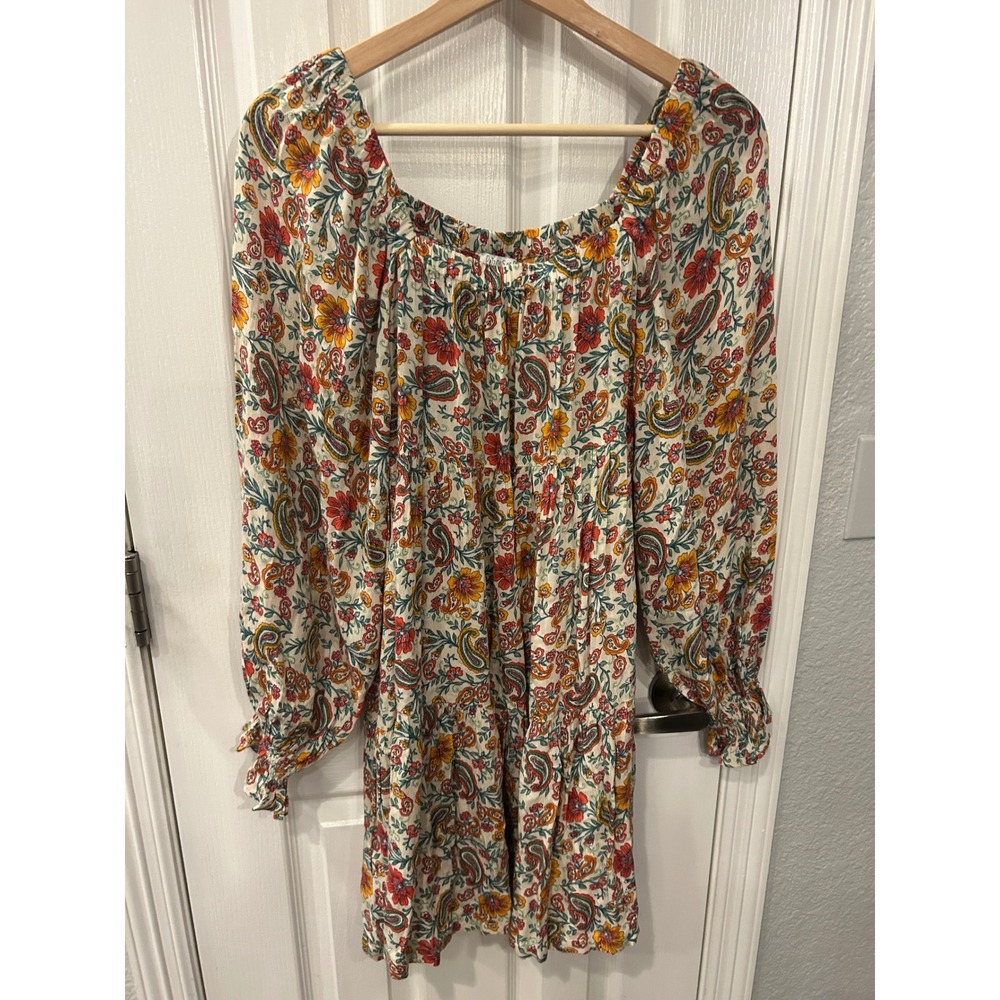Patrons of Peace Mini Dress Cream Floral Paisley Square Neck Boho Festival XS